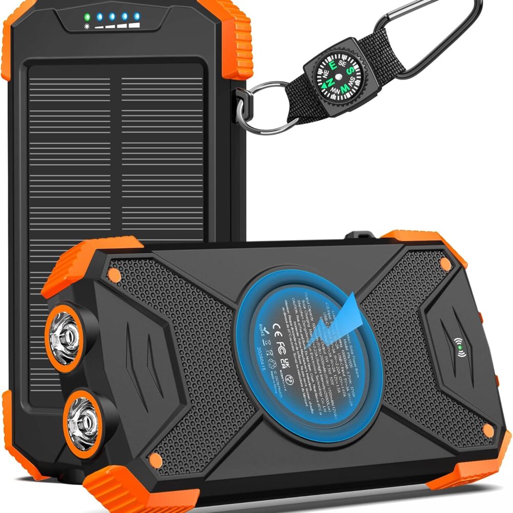 BLAVOR Solar Power Bank 10,000mAh Portable Wireless Charger for Cell Phones | 20W USB-C battery pack, battery bank, IPX5 waterproof, 2 flashlights, camping essentials, hiking gear, emergency solar backup